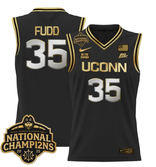 Women's Nike Azzi Fudd Jersey #35 UConn Huskies 2025 NCAA Women's Basketball National Champions Patch Black Gold