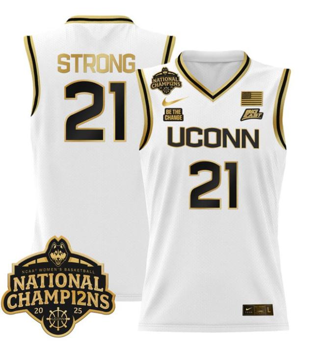 Women's Nike Sarah Strong Jersey #21 UConn Huskies 2025 NCAA Women's Basketball National Champions Patch White Gold
