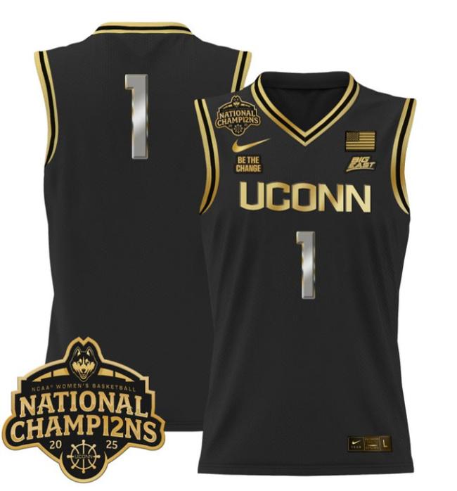 Women's Nike Team Jersey #1 UConn Huskies 2025 NCAA Women's Basketball National Champions Patch Stitched Black Gold