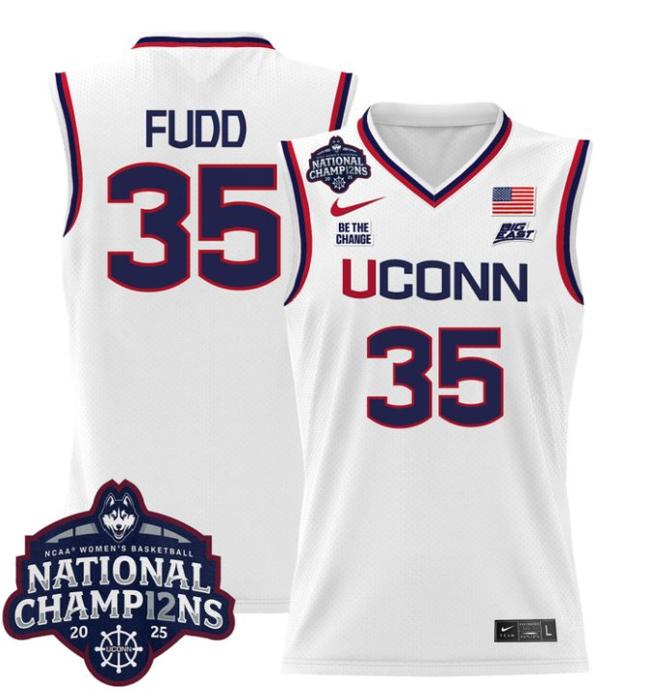 Women's Nike Azzi Fudd Jersey #35 UConn Huskies 2025 NCAA Women's Basketball National Champions Patch White