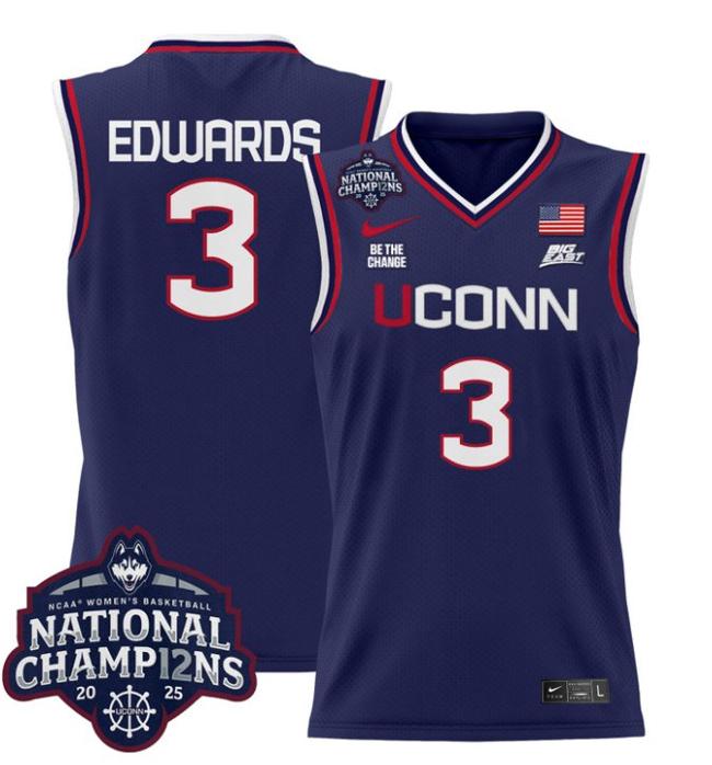 Women's Nike Aaliyah Edwards Jersey #3 UConn Huskies 2025 NCAA Women's Basketball National Champions Patch Navy