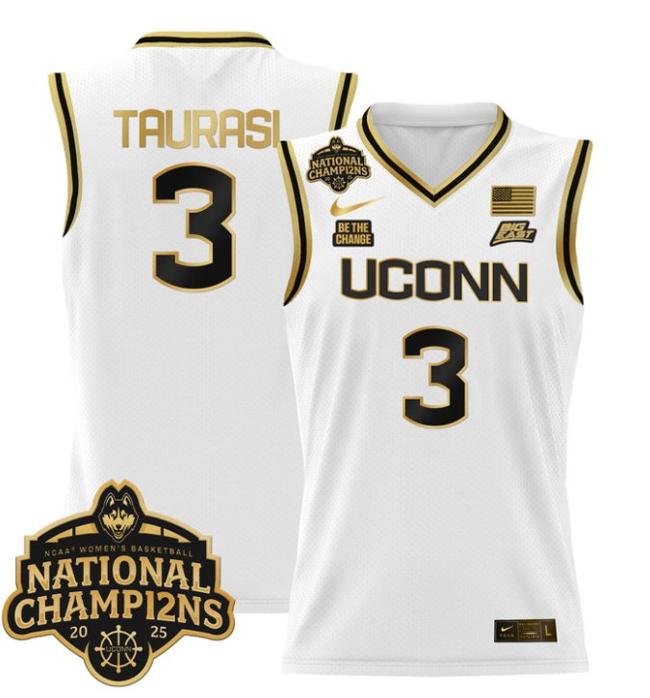 Women's Nike Diana Taurasi Jersey #3 UConn Huskies 2025 NCAA Women's Basketball National Champions Patch White Gold