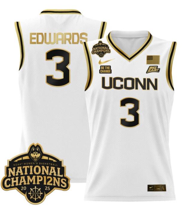 Women's Nike Aaliyah Edwards Jersey #3 UConn Huskies 2025 NCAA Women's Basketball National Champions Patch White Gold