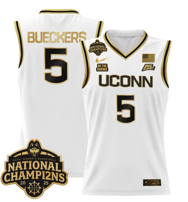 Women's Nike Paige Bueckers Jersey #5 UConn Huskies 2025 NCAA Women's Basketball National Champions Patch White Gold