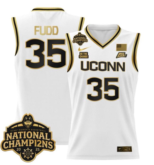 Women's Nike Azzi Fudd Jersey #35 UConn Huskies 2025 NCAA Women's Basketball National Champions Patch White Gold