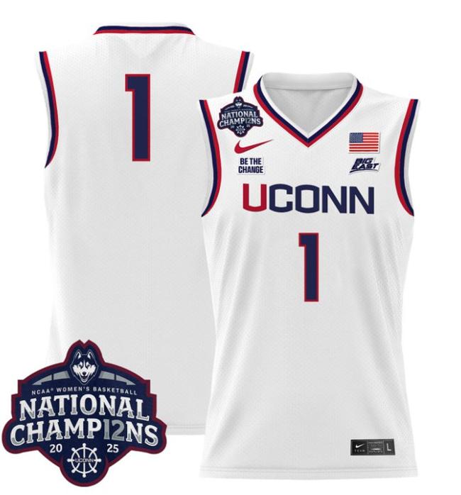 Women's Nike Team Jersey #1 UConn Huskies 2025 NCAA Women's Basketball National Champions Patch Stitched White
