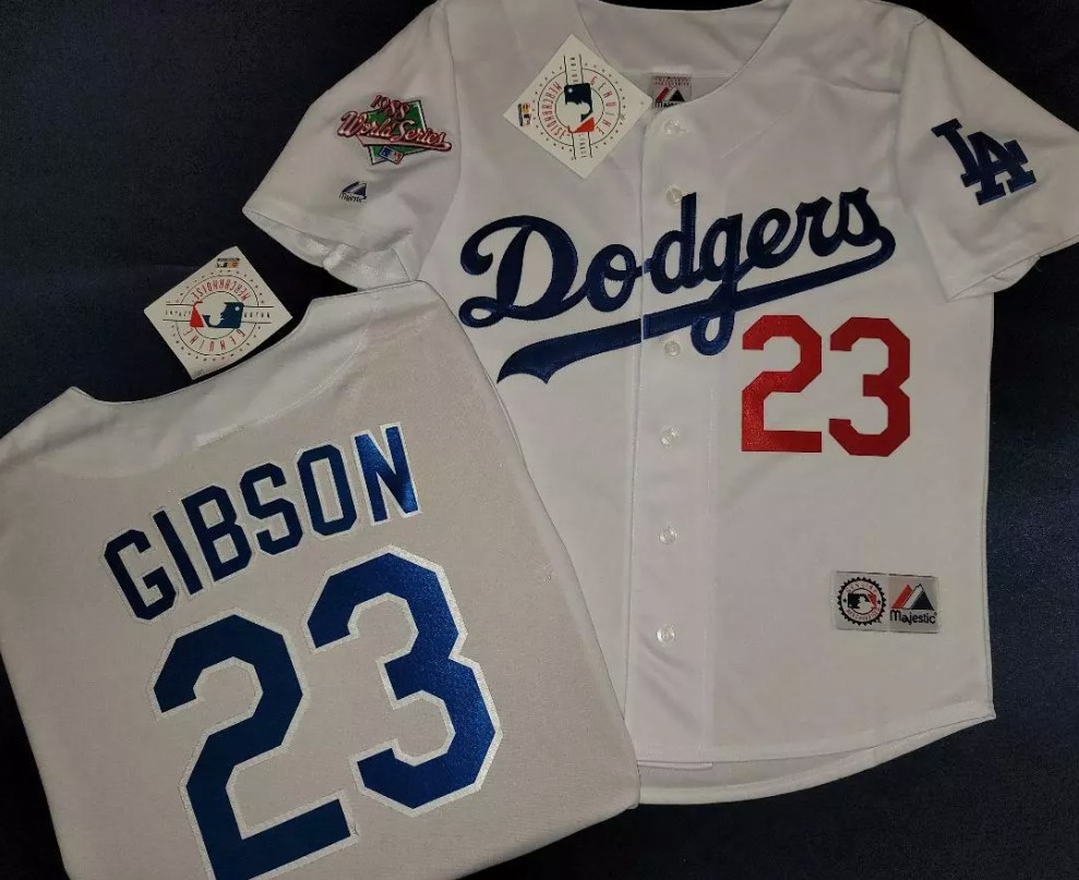 Men's Los Angeles Dodgers #23 Kirk Gibson White 1988 World Series Stitched Baseball Jersey