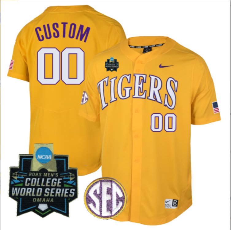 Custom LSU Tigers 2023 College Baseball World Series Stitched Jersey Gold