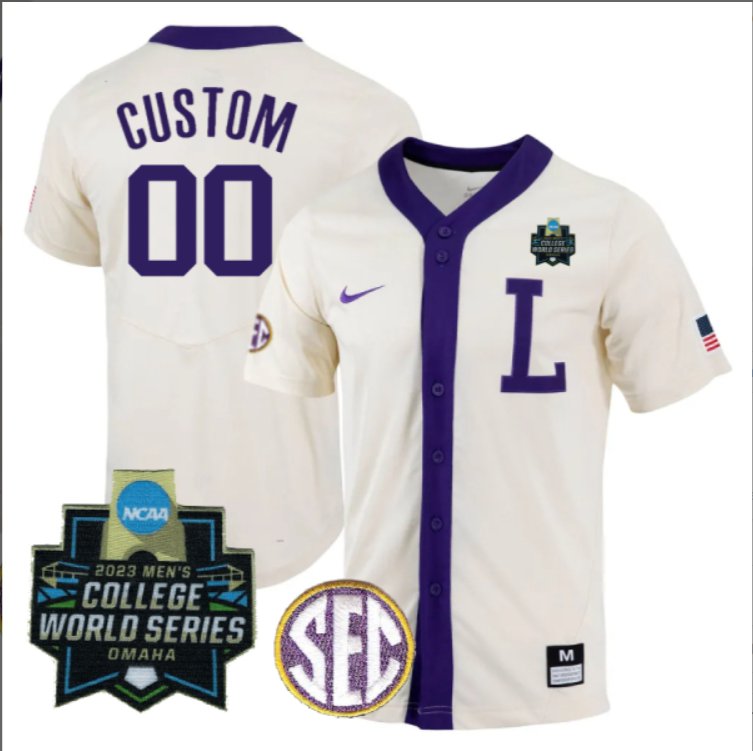 Custom LSU Tigers College Baseball Stitched Jersey Natural White 2023 World Series Patch