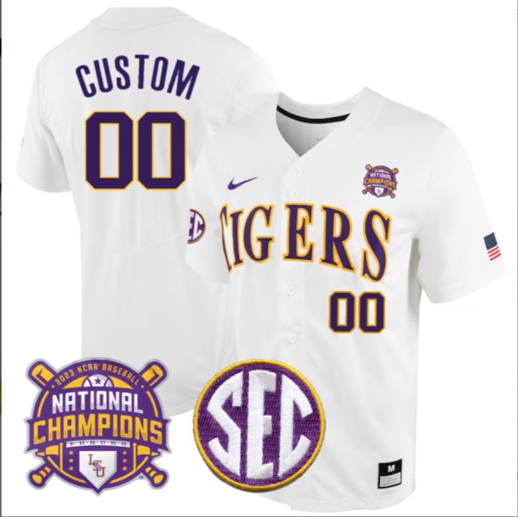 Custom LSU Tigers 2023 NCAA Baseball National Champions Stitched White Jersey