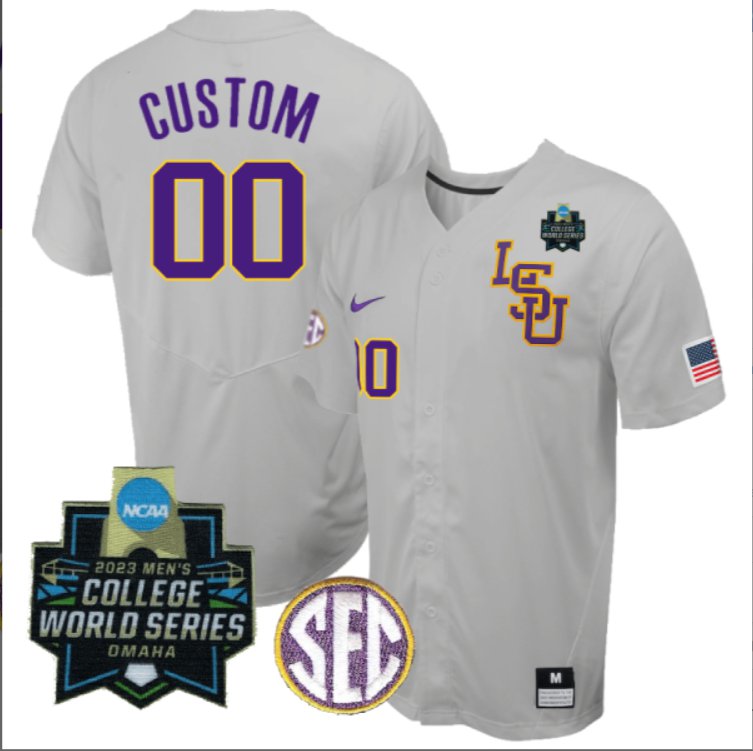 Custom LSU Tigers College Baseball Patch Stitched Jersey Gray 2023 World Series Patch