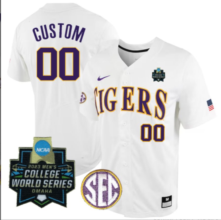 Custom LSU Tigers 2023 NCAA Men's College  World Series Stitched White Jersey