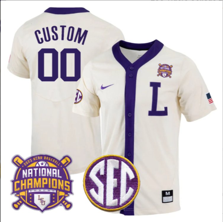 Custom LSU Tigers College Baseball Stitched Jersey Natural White 2023 National Champions Patch
