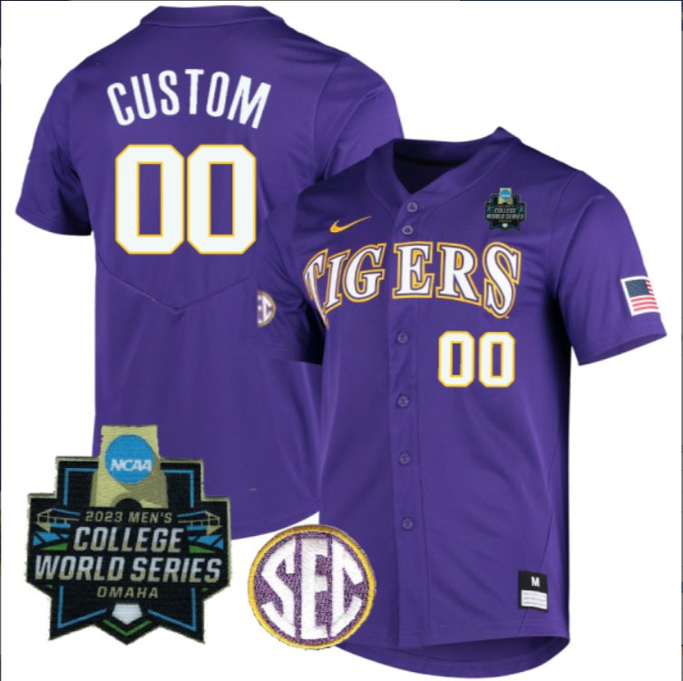 Custom LSU Tigers College Baseball Patch Collection Stitched Jersey Purple 2023 World Series Patch