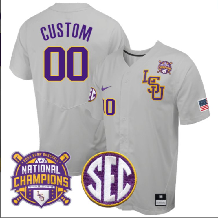 Custom LSU Tigers College Baseball 2023 NCAA National Champions Patch Stitched Jersey Gray