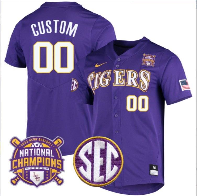 Custom LSU Tigers College Baseball Patch Collection Stitched Jersey Purple 2023 National Champions Patch