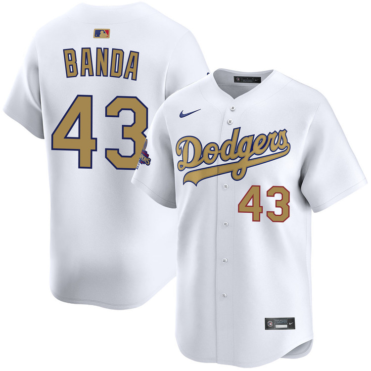 Men's Los Angeles Dodgers #43 Anthony Banda Nike Home White 2025 Gold Collection Limited Stitched Baseball Jersey