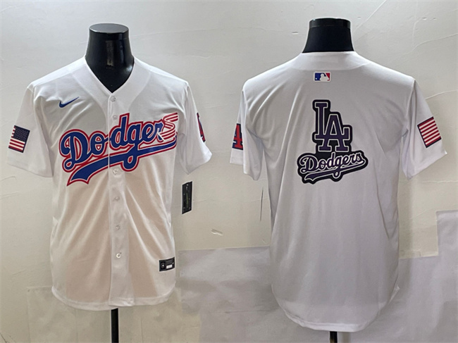 Men's Los Angeles Dodgers Team Big Logo White With American Flag Patch Limited Stitched Baseball Jerseys