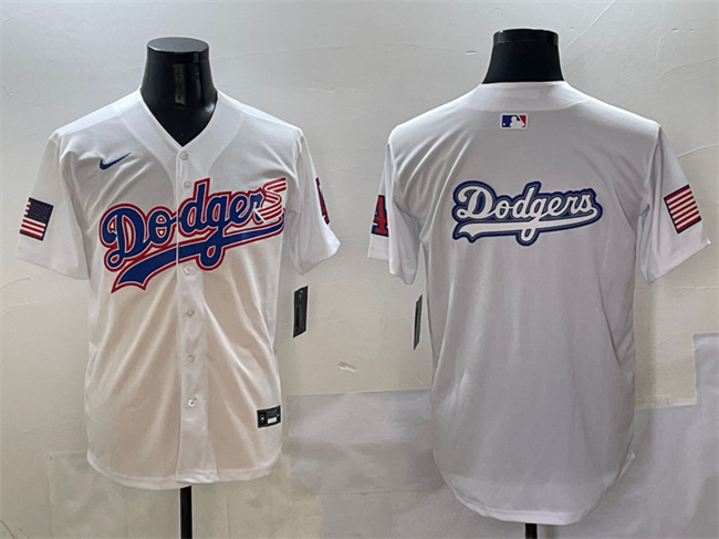 Men's Los Angeles Dodgers Team Big Logo White With American Flag Patch Limited Stitched MLB Jersey