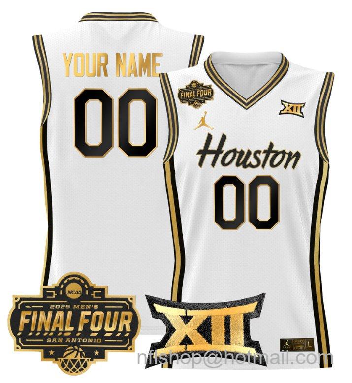 Custom Houston Cougars Jersey 2025 Final Four Patch Basketball White Gold