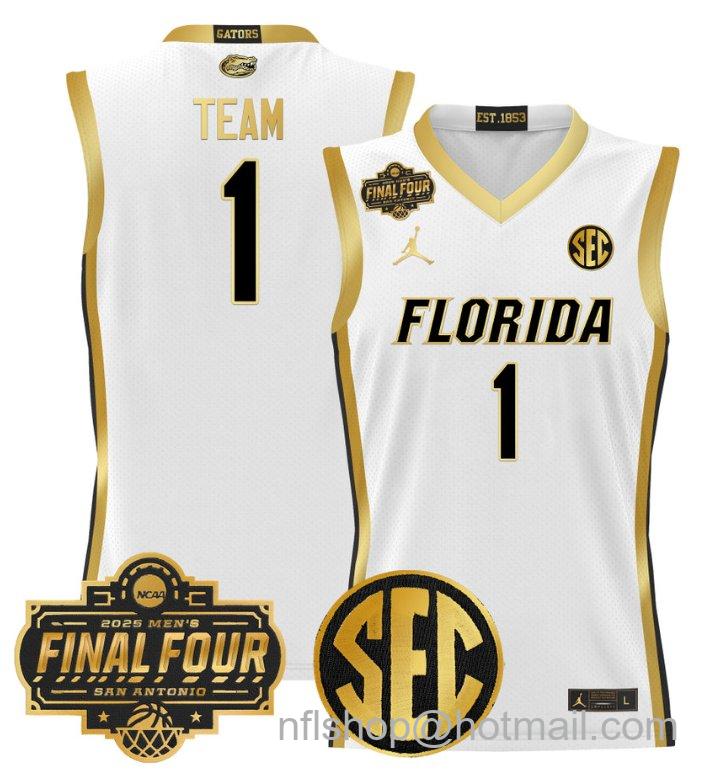 Men's Team Jersey #1 Florida Gators 2025 Final Four Patch Stitched White Gold