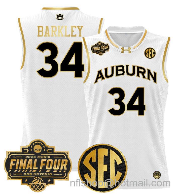 Men's Charles Barkley Jersey #34 Auburn Tigers 2025 Final Four Patch White Gold