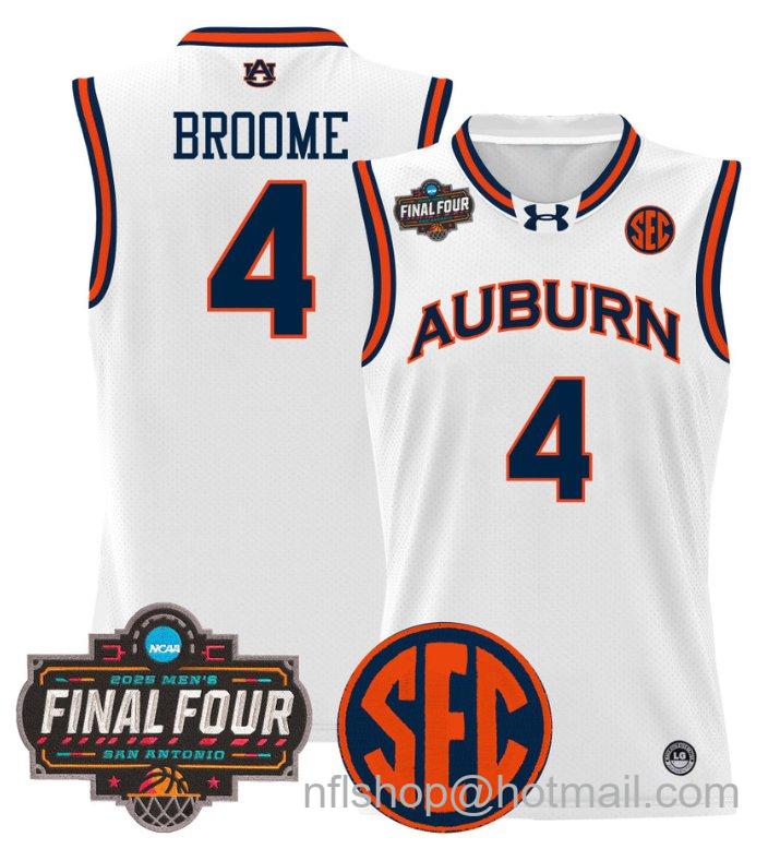Men's Johni Broome Jersey #4 Auburn Tigers 2025 Final Four Patch Stitched White