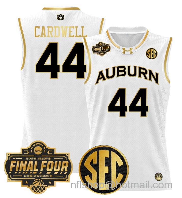 Men's Dylan Cardwell Jersey #44 Auburn Tigers 2025 Final Four Patch White Gold