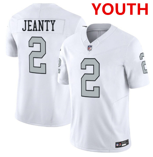 Youth Las Vegas Raiders #2 Ashton Jeanty White Color Rush 2025 Draft F.U.S.E. Vapor Limited Stitched Football Jersey