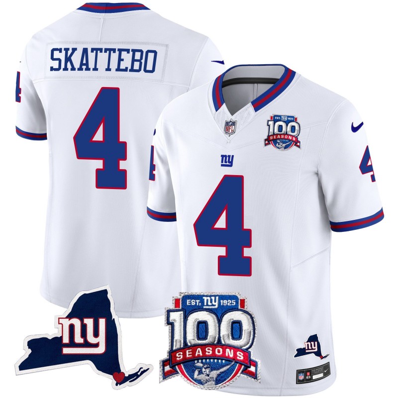 Men's New York Giants #4 Cam Skattebo 2025 Draft White 100th Season & State Patch Vapor Limited Stitched NFL Jersey