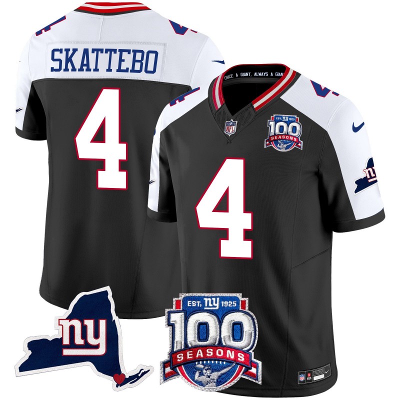 Men's NY Giants #4 Cam Skattebo 2025 Draft 100th Season & State Patch Vapor Limited Stitched NFL Jersey Black Alternate