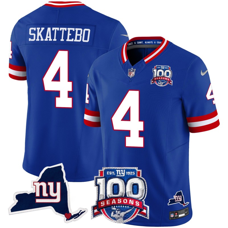 Men's New York Giants #4 Cam Skattebo Royal 2025 Draft 100th Season & State Patch Vapor Limited Stitched NFL Jersey