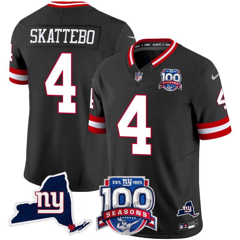 Men's New York Giants #4 Cam Skattebo 2025 Draft Black 100th Season & State Patch Vapor Limited Stitched NFL Jersey