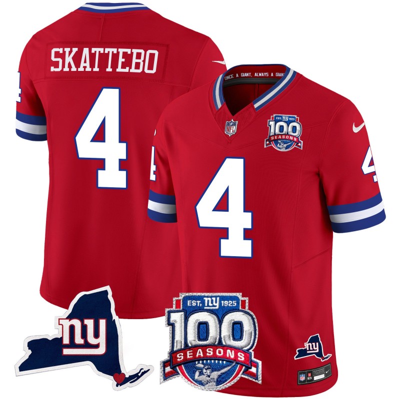 Men's New York Giants #4 Cam Skattebo 2025 Draft Red 100th Season & State Patch Vapor Limited Stitched NFL Jersey