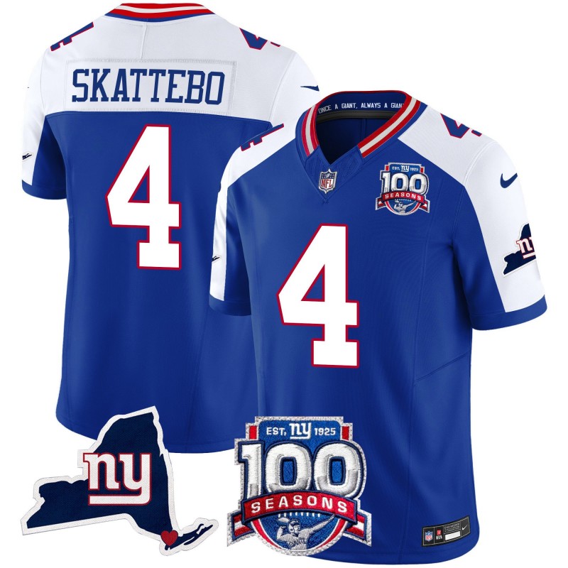 Men's NY Giants #4 Cam Skattebo 2025 Draft 100th Season & State Patch Vapor Limited Stitched NFL Jersey Royal Alternate