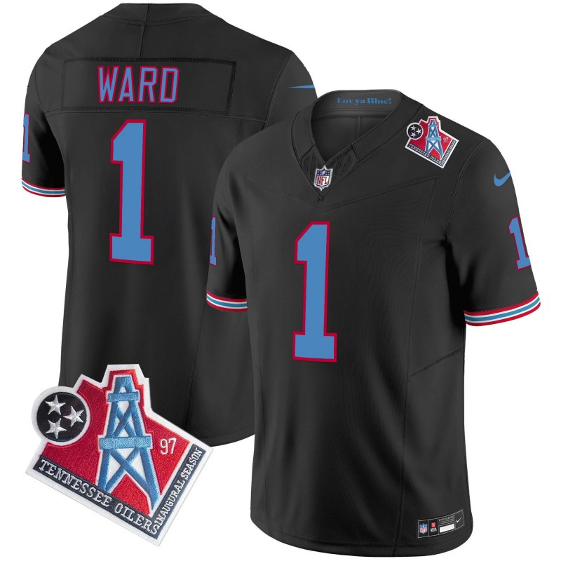 Men's Tennessee Titans #1 Cameron Ward 2025 Draft 1997 Throwback Patch Vapor Limited Stitched Football Jersey Black