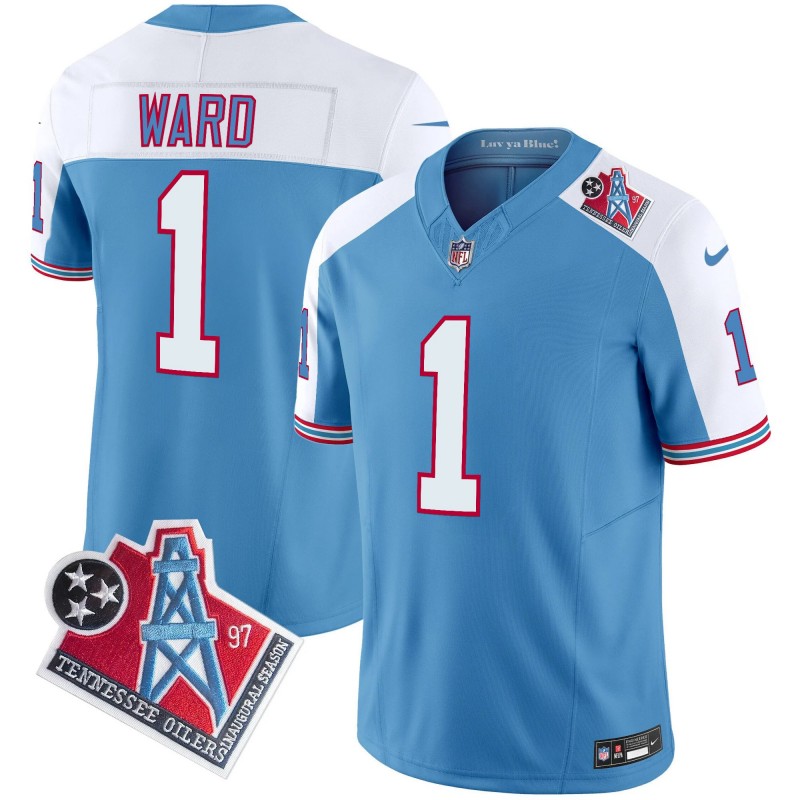 Men's Tennessee Titans #1 Cameron Ward 2025 Draft 1997 Throwback Patch Vapor Limited Stitched Football Jersey Light Blue Alternate