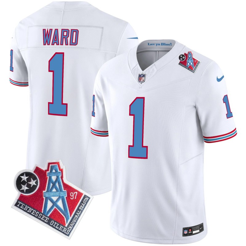 Men's Tennessee Titans #1 Cameron Ward 2025 Draft 1997 Throwback Patch Vapor Limited Stitched Football Jersey White