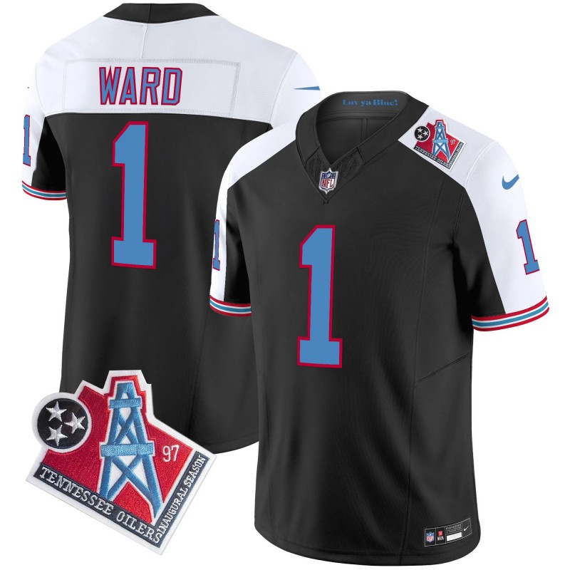 Men's Tennessee Titans #1 Cameron Ward 2025 Draft 1997 Throwback Patch Vapor Limited Stitched Football Jersey Black Alternate