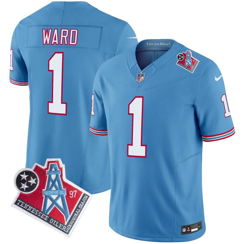 Men's Tennessee Titans #1 Cameron Ward 2025 Draft 1997 Throwback Patch Vapor Limited Stitched Football Jersey Light Blue
