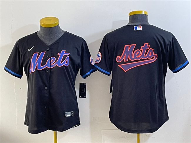Youth New York Mets Team Big Logo Black Cool Base Stitched Baseball Jerseys