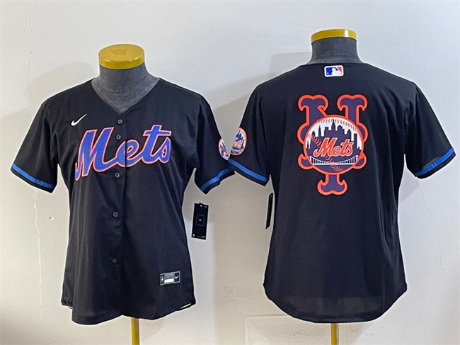 Youth New York Mets Team Big Logo Black Cool Base Stitched Baseball Jersey