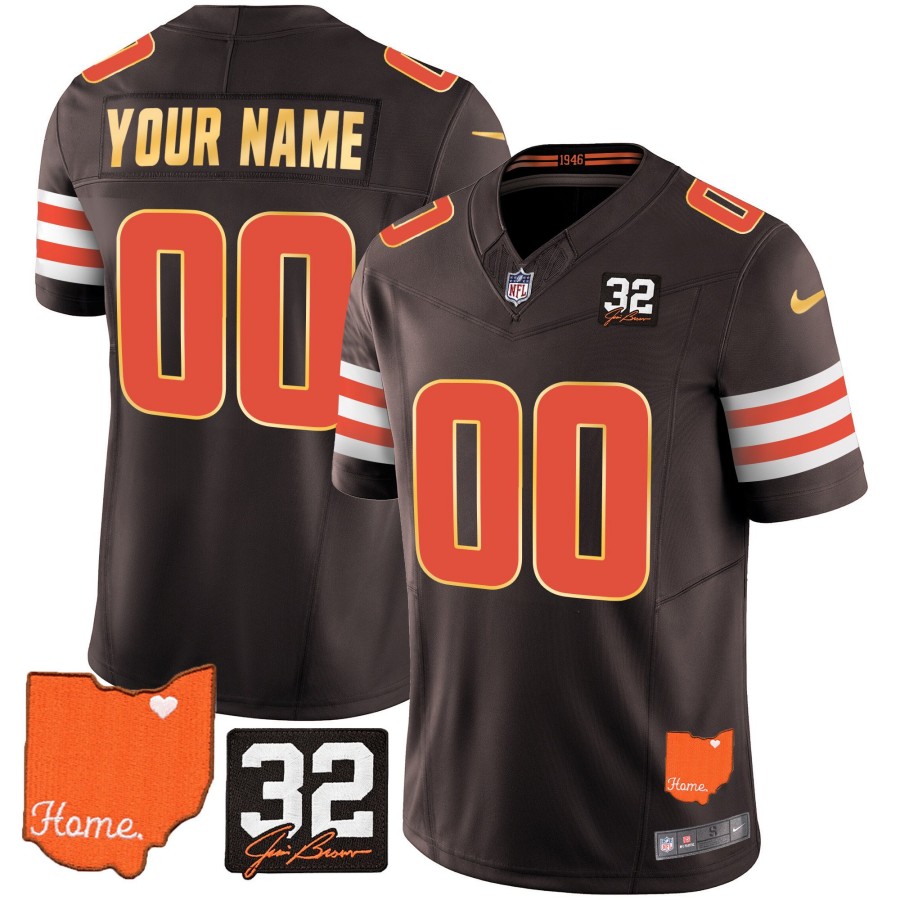 Cleveland Browns #32 Jim Brown Memorial & Home Patch Gold Trim Custom Stitched Limited Jersey Brown