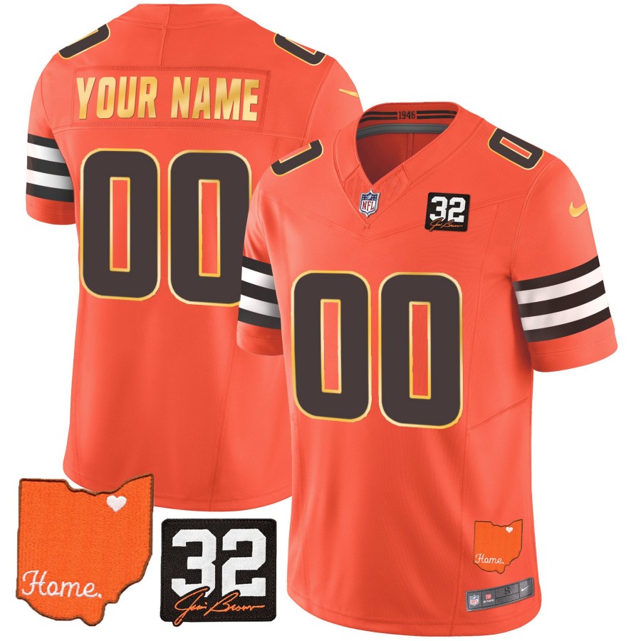 Cleveland Browns #32 Jim Brown Memorial & Home Patch Gold Trim Custom Stitched Limited Jersey Orange