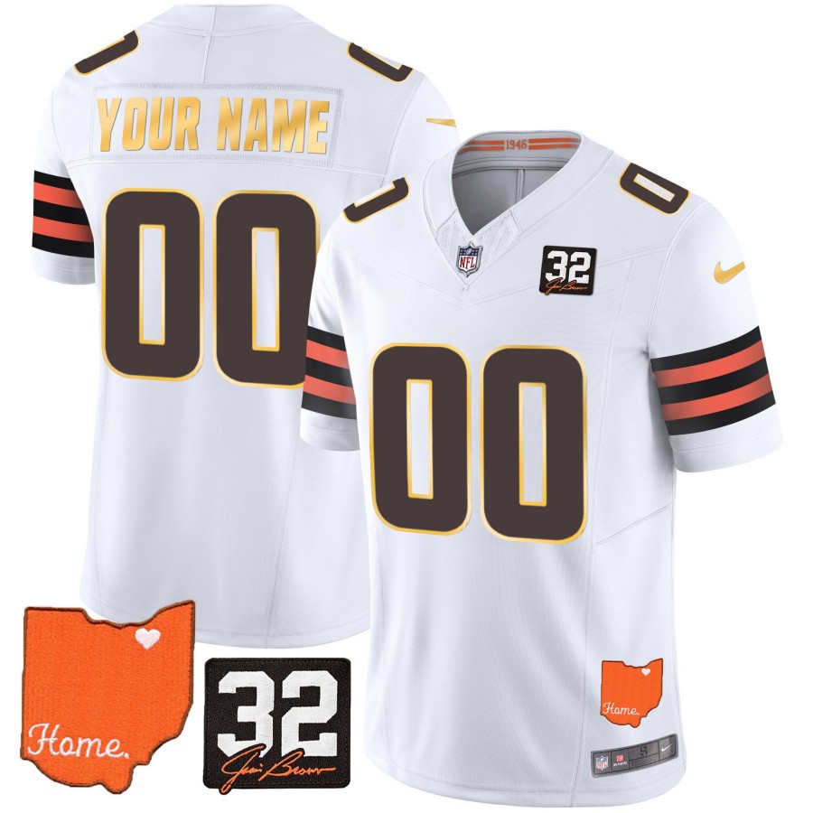 Cleveland Browns #32 Jim Brown Memorial & Home Patch Gold Trim Custom Stitched Limited Jersey White