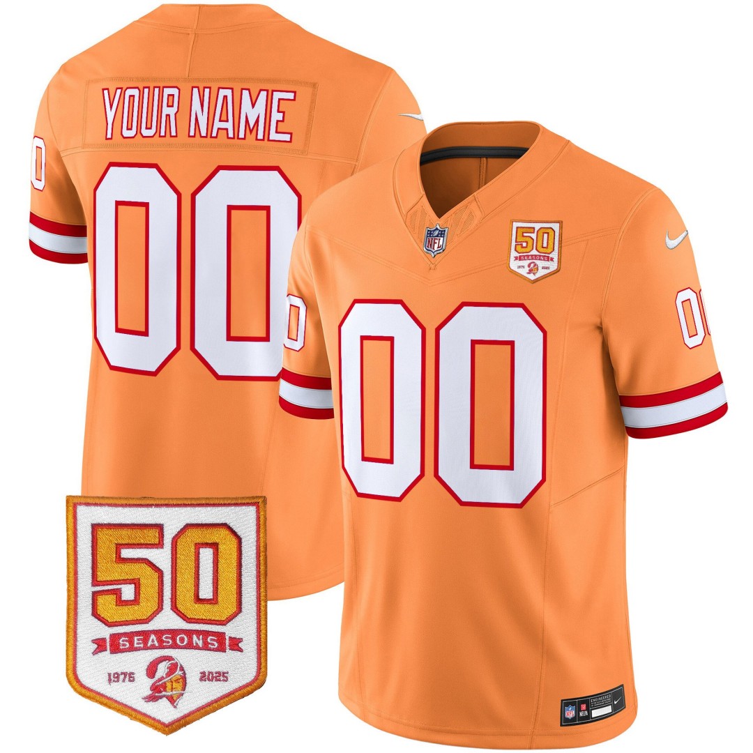 Tampa Bay Buccaneers Active Player Custom Orange 2025 F.U.S.E. 50th Season Patch Throwback Vapor Untouchable Limited Stitched Football Jersey