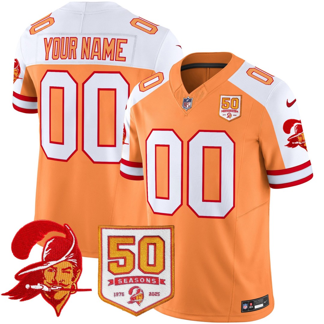 Tampa Bay Buccaneers Active Player Custom Orange White 2025 F.U.S.E. 50th Season Patch Throwback Vapor Untouchable Limited Aternate Stitched Football Jersey