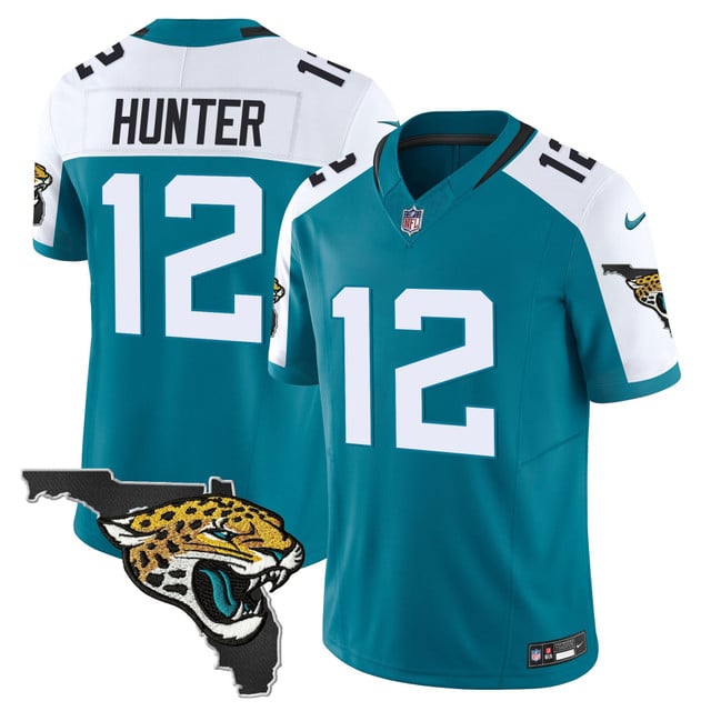 Men's Jacksonville Jaguars #12 Travis Hunter 2025 Draft Florida Patch F.U.S.E. Limited Stitched Football Jersey Teal Alternate