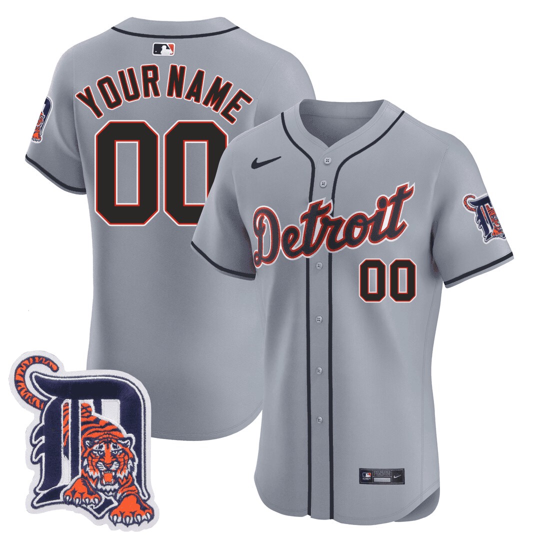Detroit Tigers Logo Patch Elite Grey Baseball Custom Jersey - All Stitched