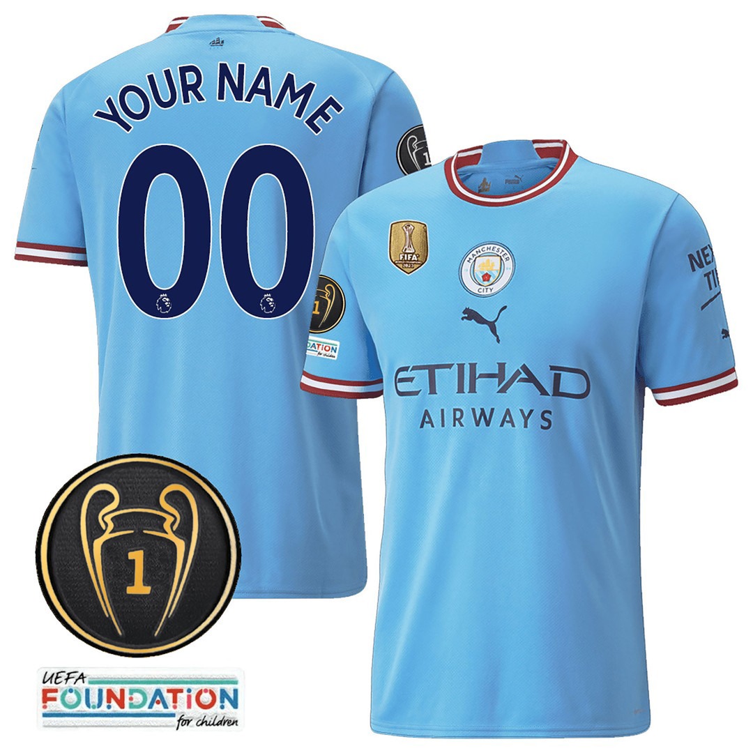 Manchester City C1 Champions Gold Patch Home Custom Jersey V2 Manchester City C1 Champions Gold Patch Home Custom Jersey V2